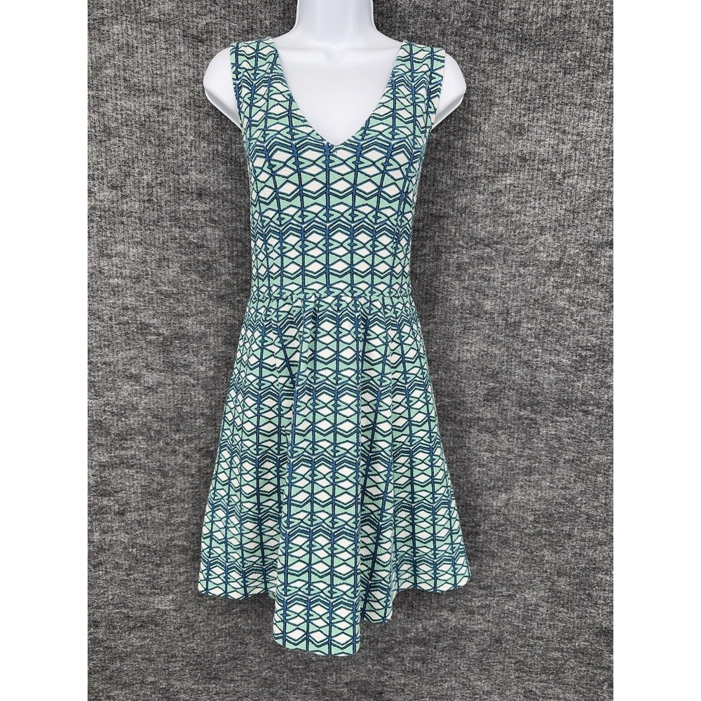 Maeve Dress Womens 16 Blue Fit & Flare Knee Length V-Neck Geometric Jacquard